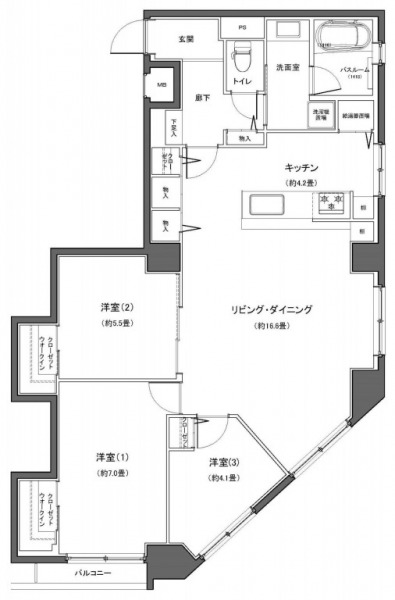 【間取り:3LDK】専有面積84.18㎡、LDK約20.8帖と広々していて、南と東向きの二面採光で開放感溢れる住戸です。