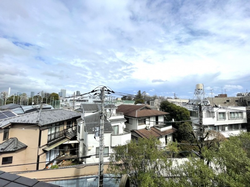 【バルコニーからの眺望】低層の建物が多く、開けた眺望です。グリーンも覗き、奥には都心のビル群も望めます。