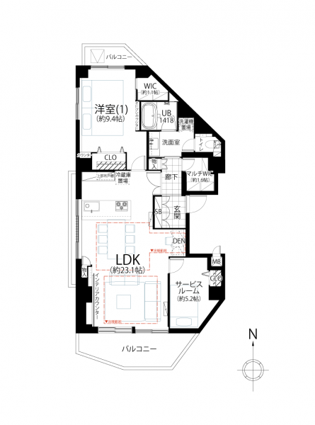 【間取り：1SLDK＋DEN】専有面積84.22㎡、南向きLDK約23.1帖、5帖以上の洋室が2部屋、三面採光のある最上階のペントハウスです。
