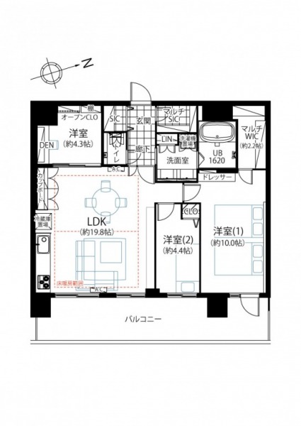 【間取り:3LDK】専有面積85.76㎡、南東向きのバルコニーに面した約19.8帖のLDK。約10.6帖と約4.4帖、約4.3帖の3つの洋室があります。1620サイズのバスルームやツインボウルの洗面台もあり、水回りもゆとりがあります。マルチWICやマルチSICなどもあり収納も充実した最上階の角住戸です。