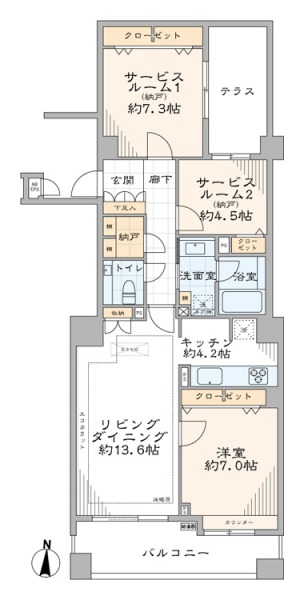 【間取り:1LDK+2S・納戸】専有面積84.80㎡、約17.8帖のLDK、約4.5帖、約7.0帖、約7.3帖の3部屋の洋室があります。バルコニーとテラスがあり、開放感のある住戸です。