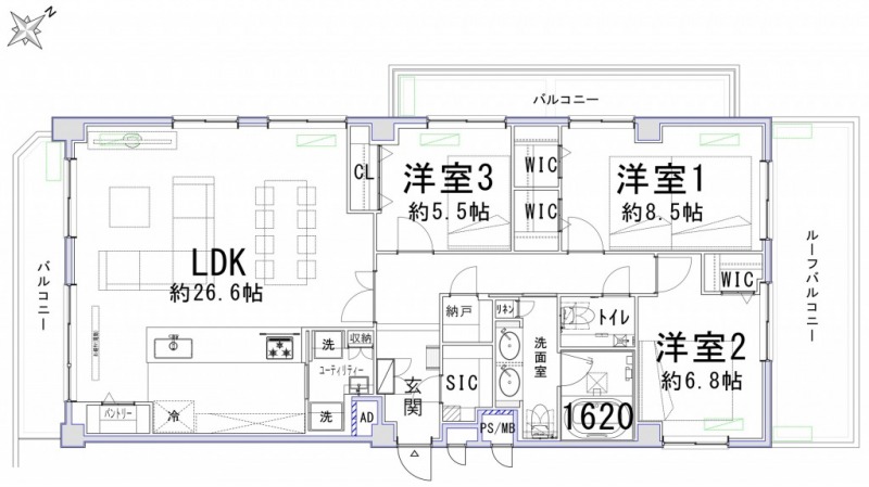 【間取り：3LDK】専有面積114.59㎡、約26.6帖のLDK、約5.5帖、約6.8帖、約8.5帖の3つの洋室があります。1620サイズのバスルームやツインボウルの洗面室、トイレが2ヶ所、スロップシンクの付いたユーティリティルームもあり、水回りもゆったりしています。WICが3ヶ所、SICや納戸など収納も充実しています。
