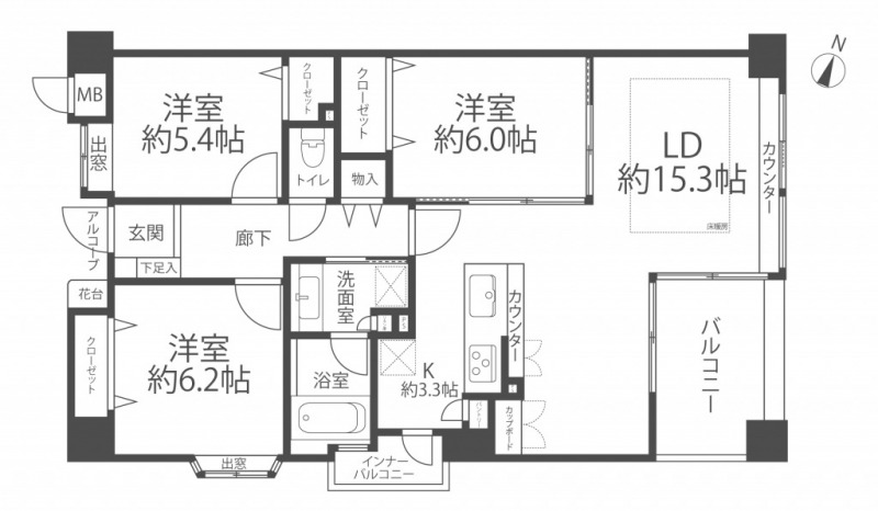 【間取り:3LDK】専有面積81.25㎡、バルコニー面積7.47㎡、約18.6帖のLDKに、5帖以上の洋室が3部屋あり、それぞれにクローゼットを備えています。