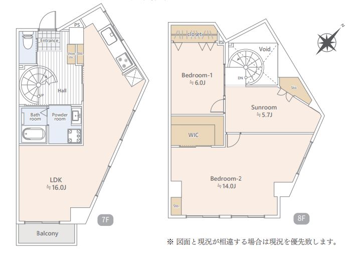 【間取り:2LDK】専有面積102.77㎡、7FにLDKと水回り、8Fにベッドルームが2部屋とサンルームがあります。WICやCLも備えたメゾネットタイプの間取りです。
