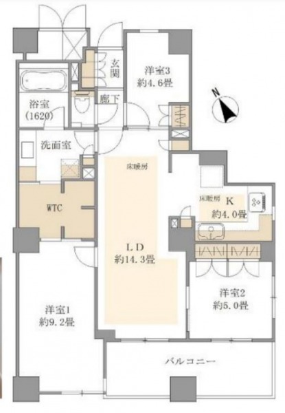 【間取り:3LDK】専有面積84.85㎡、約18.3帖のLDK
約9.2帖、約5.0帖、約4.6帖の3つの洋室があり、WICもしくは、CLが備えてあります。三面採光のある角住戸です。