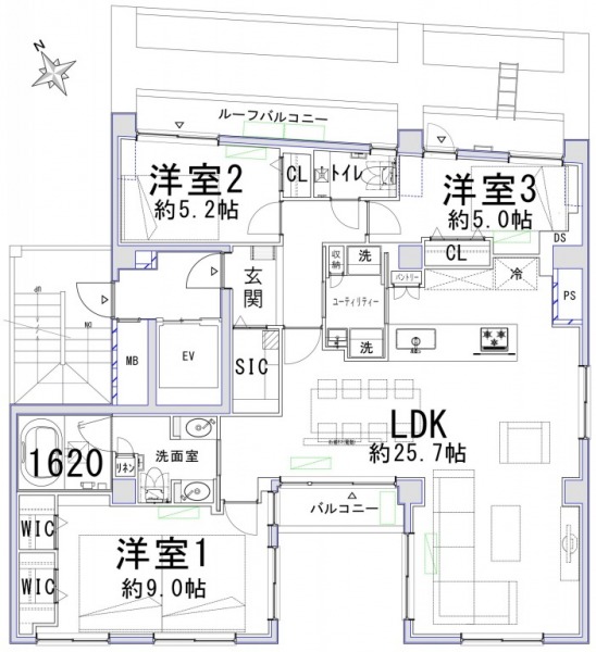 【間取り:3LDK】専有面積107.06㎡の広さがあり、約25.7帖の広々LDK、約9.0帖と約5.2帖、約5.0帖の洋室には、ウォークインクローゼットまたはクローゼットを、玄関にはシューズインクローゼットを備え、収納も充実しています。1620サイズのバスルームやツインボウルの洗面室、トイレが二か所、ユーティリティルームと水回りもゆとりある造りとなっています。