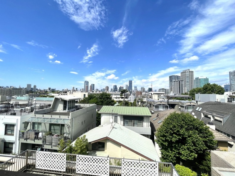 【キッチン側ルーフバルコニーからの眺望】眼前は、低層の建物が多く、開けた爽快な眺望です。グリーンも覗き、奥には、六本木、麻布方面のビル群が望めます。