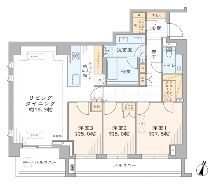 【間取り:3LDK】専有面積100.01㎡、約19.3帖LDKに約7.5帖、約5.0帖、約5.0帖の3つの洋室があり、それぞれにCLまたはWICを備え、廊下に収納、玄関にSICを備えています。南向き約12.1mのワイドスパン設計です。