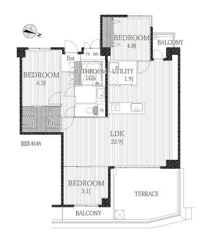 【間取り:3LDK】専有面積89.70㎡、バルコニー面積2.47㎡、専用テラス面積20.29㎡、約22.9帖のLDKに、約6.3帖、約5.1帖、約4.8帖の3つの洋室があります。広々としたLDK、WICやユーティリティルームなどがあり、ゆとりある間取りとなっています。