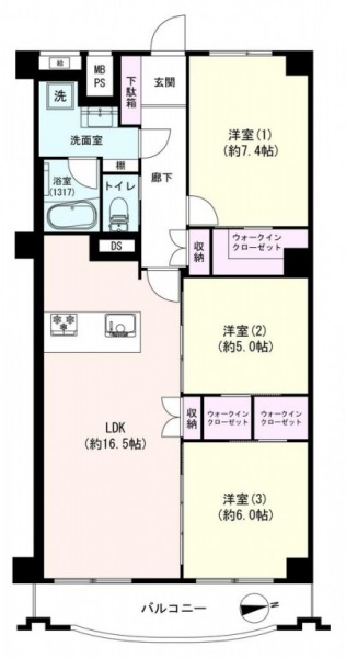 【間取り:3LDK】専有面積82.49㎡、バルコニー面積5.79㎡、約16.5帖のLDKに、約7.4帖、約6帖、約5帖の3つの洋室があります。全ての洋室にWICが備わっています。