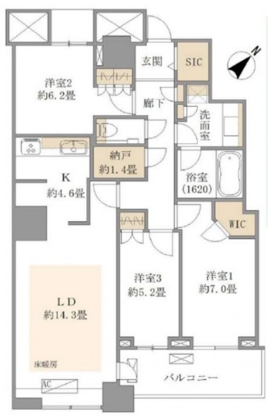 【間取り：3LDK】専有面積87.12㎡、バルコニー面積6.92㎡、約18.9帖のLDK、約7.0帖、約6.2帖、約5.2帖の3つの洋室があり、それぞれにWICまたはCLを備え、廊下には納戸、玄関にはSICを備え、収納も充実しています。
