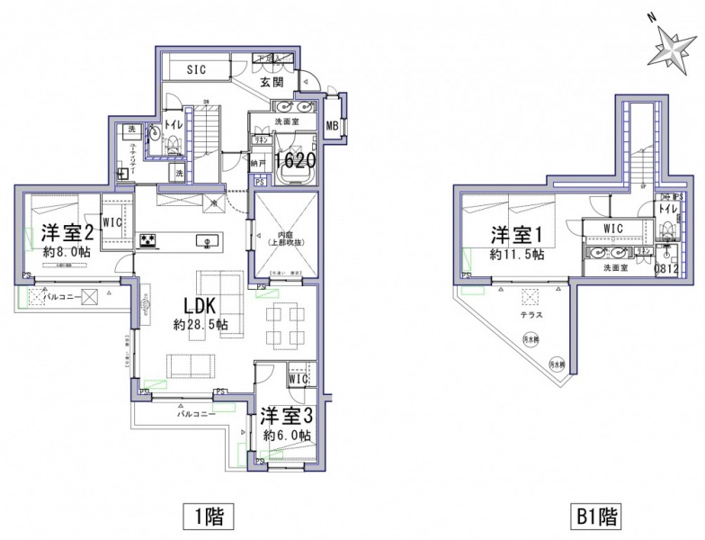 【間取り:3LDK】専有面積141.67㎡、バルコニー面積11.82㎡の3LDKの間取りです。約28.5帖の広々としたLDKに、約11.5帖・約8.0帖・約6.0帖のウォークインクローゼット付きの洋室があります。廊下とユーティリティルームには納戸、玄関にはシューズインクローゼットを備え、収納も充実しています。1620サイズのゆったりとしたバスルーム、シャワールームもあり、ツインボウルの洗面台2か所、トイレが2か所、スロップシンク付きのユーティリティルームと、水回りもゆとりある造りとなっています。