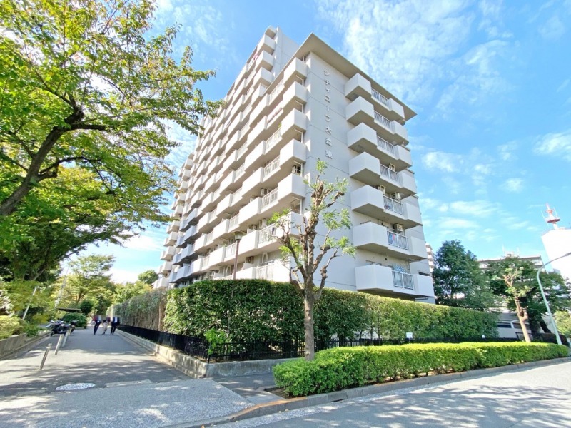 【外観】緑豊かな広大な敷地にL字型に建つ、吹き付けのホワイトの外装で堅硬感がある外観です。1982年1月築、清水建設施工、東京都住宅供給公社旧分譲の地上12階建、総戸数125戸のヴィンテージマンションです。都堀公園と平和の森公園に隣接した豊かな自然が溢れた住環境です。