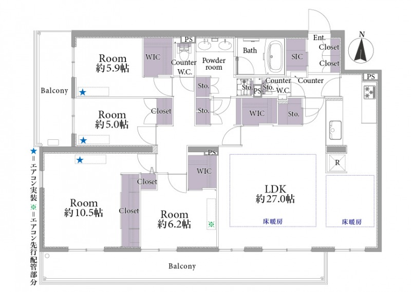【間取り:4LDK】専有面積133.62㎡、広々としたLDKに、5帖以上の洋室が4部屋あり、居室すべてにウォークインクローゼットまたはクローゼットのいずれかが備わっています。玄関にもシューズインクローゼット、他各所に収納を備わり、収納が充実しています。2面バルコニーのある住戸です。