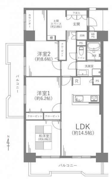 【間取り：3LDK】専有面積88.46㎡、バルコニー面積19.13㎡。約14.5帖のLDKに、クローゼット付きの約8.6帖と約6.2帖と約6.0帖の洋室があります。南と西の2面採光のある住戸で、玄関には土間スペースが設けられています。