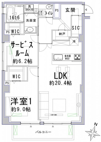 間取り：1SLDK】専有面積84.57㎡、バルコニー面積9.91㎡。約20.4帖のLDKに、ウォークインクローゼット付きの約9.0帖の洋室と約6.2帖のサービスルームがあります。バスルームは、1616サイズです。玄関にはシューズクローゼットや納戸があり、収納も充実しています。