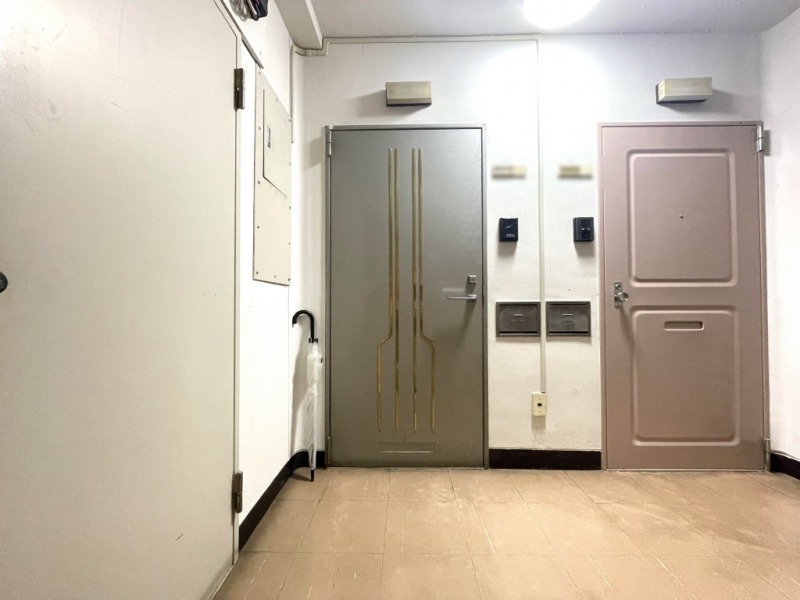 【共用部玄関】高級感のあるドアです。モニター付きインターホンで、来訪者の確認ができます。