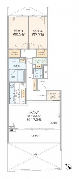 【間取り：2LDK】専有面積93.78㎡、バルコニー面積14.80㎡。約17.3帖のリビングダイニングに、約4.7帖のキッチン。ウォークインクローゼット付きの約8.3帖と約7.7帖の洋室があります。ユーティリティルームなどもあり、水回りにもゆとりがあります。