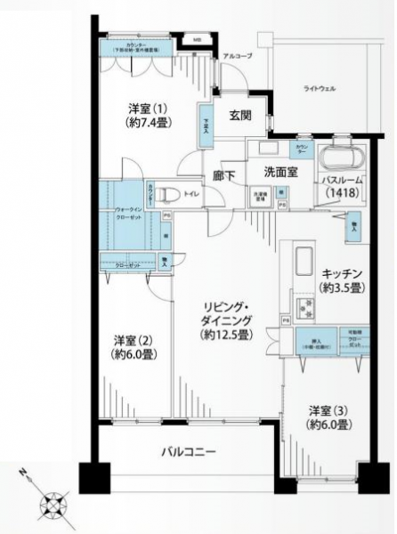 【間取り：3LDK】専有面積83.96㎡、バルコニー面積10.33㎡。約12.5帖のLDKに、ウォークインクローゼット付きの約7.4帖の洋室、押入・クローゼット付きの約6.0帖の洋室、クローゼット付きの洋室の3部屋があります。2面採光のある住戸です。