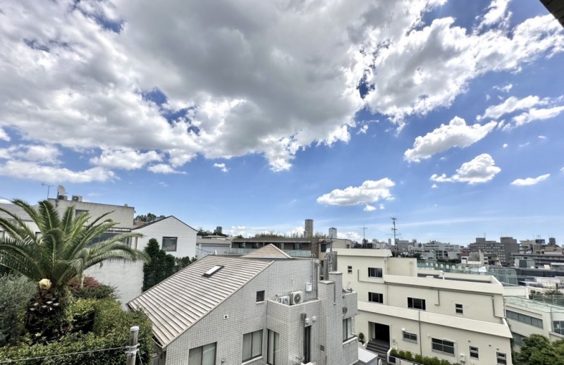 【バルコニーからの眺望】眼前は、低層の建物が多く、高台に位置するので、遠くの街まで抜けていて、敷地内のグリーンも覗き、広い空も仰げる爽快な眺望です。