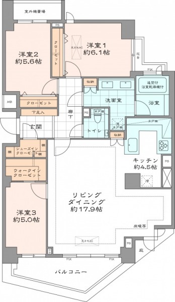 【間取り:3LDK】専有面積91.00㎡、バルコニー面積10.10㎡。約17.9帖のリビングダイニングに約4.5帖のキッチン。クローゼット付きの約6.1帖の・約5.6帖の洋室、ウォークインクローゼット付きの約5.0帖の洋室があります。3方角部屋の開放感のある住戸です。