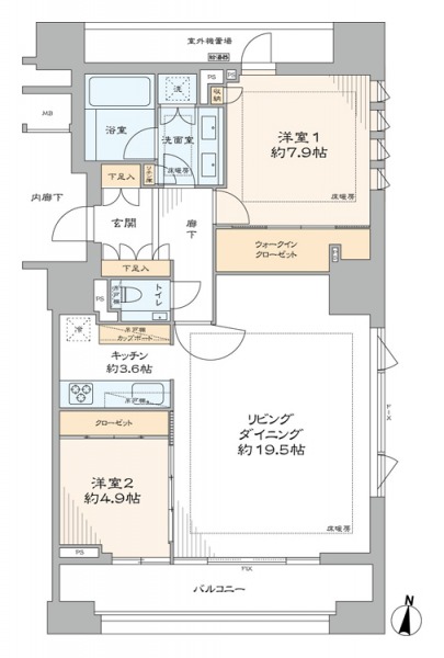 【間取り:2LDK】専有面積85.43㎡、バルコニー面積15.20㎡。床暖房付きの約19.5帖のリビングダイニングキッチン。ウォークインクローゼットと床暖房付きの約7.9帖の洋室、クローゼット付きの洋室があります。南向きリビングで、2面バルコニー、3面採光のある住戸です。