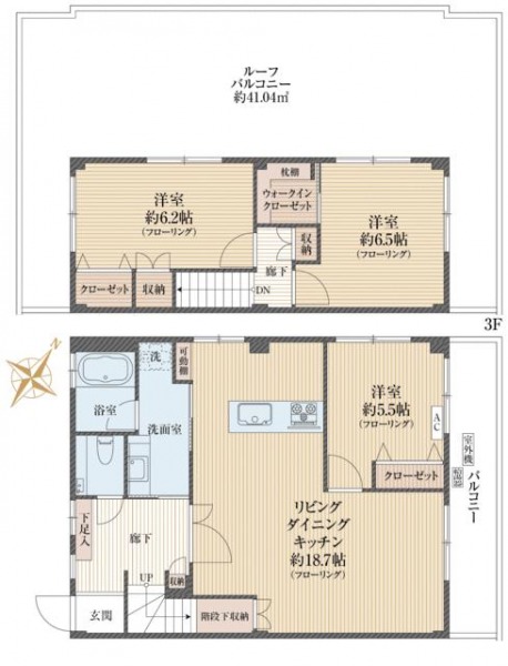【間取り:3LDK】専有面積100.8㎡、ルーフバルコニー面積約41.04㎡、バルコニー面積約7.4㎡。約18.7帖のリビングダイニングキッチンに、ウォークインクローゼット付きの約6.5帖、クローゼット付きの6.2帖と約5.5帖の洋室があります。約41.04㎡のルーフバルコニー付きのメゾネットタイプです。