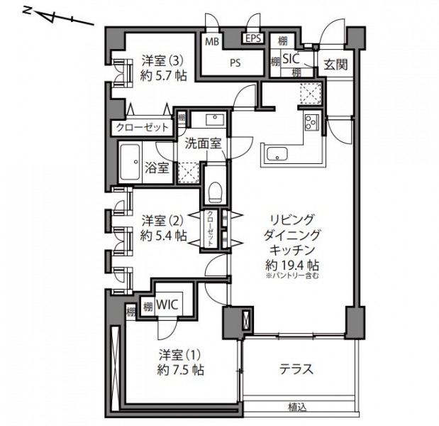 【間取り：3LDK】専有面積85.5㎡、バルコニー面積7.52㎡。約19.4帖のリビングダイニングキッチンに、ウォークインクローゼット付き約7.5帖、クローゼット付き約5.7帖と約5.4帖の洋室があります。玄関にはシューズインクローゼットを備えています。テラス付き角住戸です。