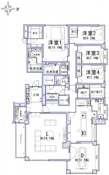 【間取り：4LDK】専有面積251.98㎡、バルコニー面積7.05㎡。約28.5帖のリビング、約12.5帖のダイニングにキッチン。ウォークインクローゼット付きの約16帖・約8.5帖、クローゼット付きの約7.0帖×2の洋室がある4LDKです。その他、パントリー、リネン庫、納戸、シューズインクローゼットを備えており、収納が充実しています。また在来浴室が2か所、洗面室が3か所（うち2か所がツーボウル）、トイレが3か所、スロップシンクの付いたユーティリティルームもあり、水回りもゆとりがあります。