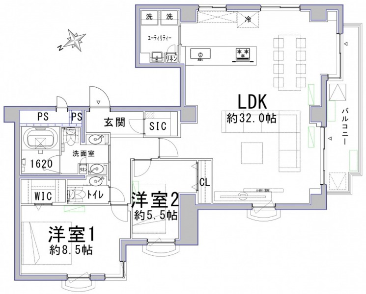 【間取り：2LDK】専有面積104.01㎡、バルコニー面積8.53㎡の2LDKの間取りです。約32.0帖の広々LDKに、ウォークインクローゼット付きの約8.5帖クローゼット付きの約5.5帖の洋室には、玄関にはシューズインクローゼットを備えており収納も充実しています。1620サイズのゆったりとしたバスルーム、ダブルボウルの洗面台、トイレが2か所、スロップシンク付きのユーティリティルームと水回りもゆとりある造りとなっています。3面採光のある角住戸です。