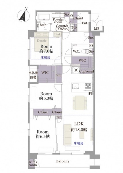 【間取り：3LDK】専有面積93.66㎡、バルコニー面積9.15㎡。床暖房付き約18.0帖のリビングダイニングキッチンに、床暖房とウォークインクローゼット付きの約7.0帖、クローゼット付きの約6.3帖の洋室があり、廊下にもストレージやウォークインクローゼットを備え、収納が充実しています。南と西の2面採光のある角住戸です。