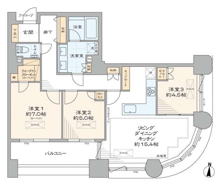 【間取り:3LDK】専有面積82.26㎡、バルコニー面積8.40㎡。床暖房付きの約15.4帖のリビングダイニングキッチンに、ウォークインクローゼット付きの約7.0帖、クローゼット付きの約5.0帖・約4.5帖の洋室があり、玄関や廊下にも収納を備えています。陽当たり・眺望良好な南と東向きの角住戸です。