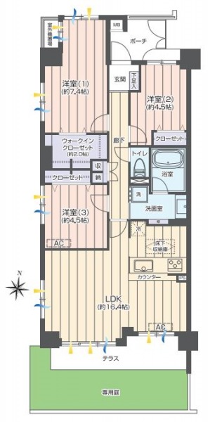 【間取り：3LDK】専有面積76.09㎡、専用庭面積10.40㎡、テラス面積10.25㎡、ポーチ面積4.67㎡。2面採光の約16.4帖のリビングダイニングキッチンに、ウォークインクローゼット付き約7.4帖、クローゼット付き約4.5帖×2の計3洋室があります。キッチンには、床下収納、廊下にも収納があり、収納が豊富です。