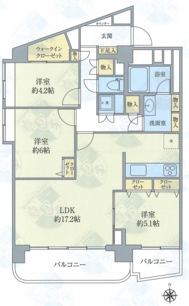 【間取り:3LDK】専有面積82.51㎡、バルコニー面積11.34㎡。約17.2帖のリビングダイニングキッチンに、ウォークインクローゼット付きの約4.2帖、クローゼット付きの約6帖と約5.1帖の洋室があります。南向きで陽当たり・眺望良好な住戸です。専用使用権付き駐車場があります。(月額1,000円)