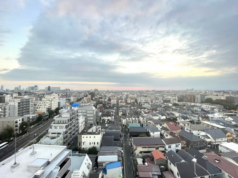 【住戸からの眺望】周囲は低層の建物が多く、開けていて抜け感もあり、遠くの街並みまで望める爽快な眺望です。広い空も仰げ、空色の移ろいも感じられます。好天時には、バルコニーから渋谷のビル群や富士山まで望めます。