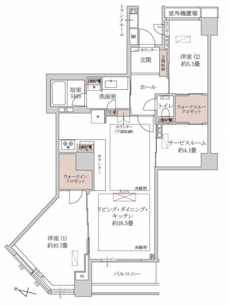 【間取り：2SLDK】専有面積86.58㎡、バルコニー面積4.91㎡。床暖房付きの約18.5帖のリビングダイニングキッチン。ウォークインクローゼット付きの約10.7帖、ウォークスルークローゼット付きの約5.9帖・約4.1帖のサービスルームがあります。玄関にトランクルームもあります。
