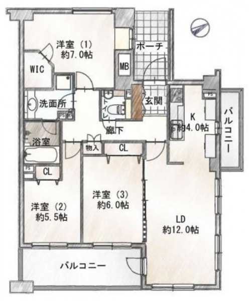 【間取り:3LDK】専有面積78.67㎡、バルコニー面積14.49㎡。約12.0帖のリビングダイニング、約4.0帖のキッチン。ウォークインクローゼット付き約7.0帖、クローゼット付きの約5.5帖・約6.0帖の洋室があります。2面バルコニーのある角住戸です。