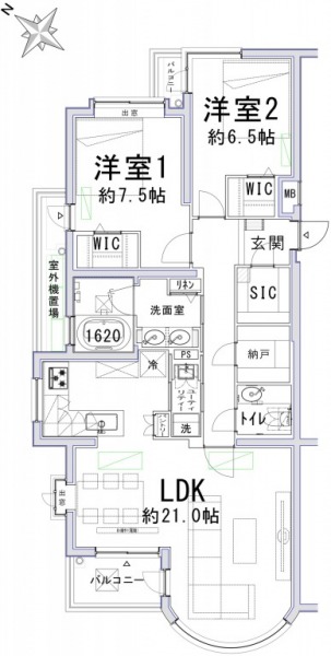 【間取り：2LDK】専有面積89.12㎡、バルコニー面積9.78㎡の2LDKの間取りです。約21帖の広々LDKに、約7.5帖と約6.5帖の洋室がありウォークインクローゼットを備え、廊下に納戸、玄関にはシューズインクローゼットを備えており、収納も充実しています。1620サイズのゆったりとしたバスルーム、ツインボウルの洗面台、スロップシンク付きのユーティリティルームと水回りもゆとりある造りとなっています。
