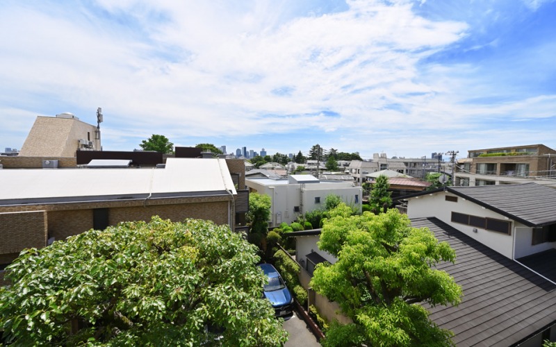【住戸からの眺望】周辺は第一種低層住居専用地域なので、高い建物も少なく、眼下は緑が広がり、遠くまで抜けていて新宿のビル群も望め、広い空も仰げる開けた眺望です。