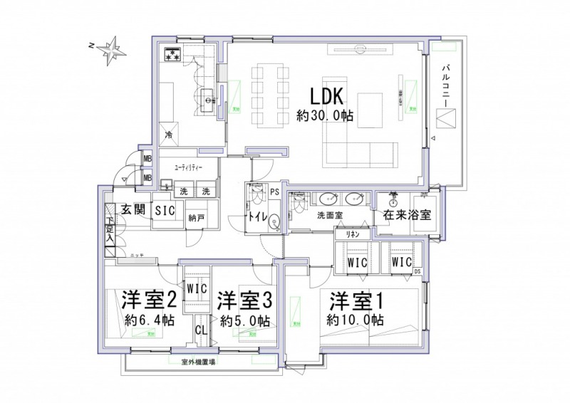 【間取り:3LDK】専有面積129.67㎡、バルコニー面積8.25㎡。3LDKの間取りです。約30.0帖の広々LDKに、約10.0帖・約6.4帖・約5.0帖の洋室があり、ウォークインクローゼットまたはクローゼットを備え、玄関にはシューズインクローゼットや納戸を備えており、収納も充実しています。ゆったりとした在来浴室、ツインボウルの洗面台、トイレが2か所、スロップシンク付きのユーティリティルームと水回りもゆとりある造りとなっています。