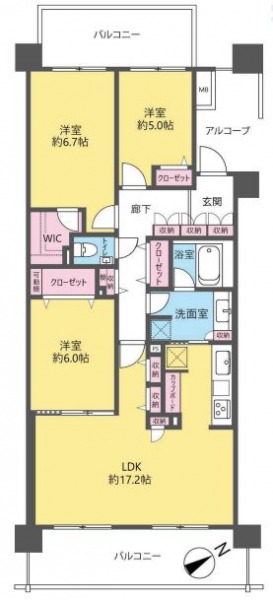 【間取り:3LDK】専有面積85.44㎡、バルコニー面積22.4㎡。約17.2帖のリビングダイニングキッチンに、ウォークインクローゼット付きの約6.7帖、クローゼット付きの約6.0帖と約5.0帖の洋室があります。2面バルコニー、南東向きの陽当たりの良い住戸です。
