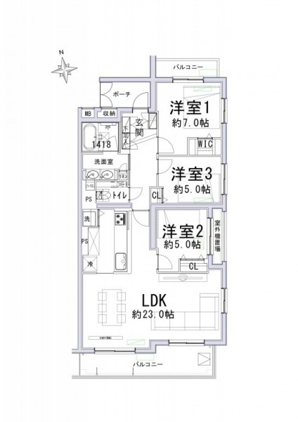 【間取り:3LDK】専有面積88.20㎡、バルコニー面積13.48㎡。約23.0帖のリビングダイニングキッチン。ウォークインクローゼットが付いた約7.0帖、クローゼットが付いた約5.0帖の洋室が2部屋あります。1418サイズのバスルーム、ツインボウルの洗面台、専用手洗いスペースの付いたトイレなど、水回りにもゆとりがあります。陽当たりの良い南向き住戸です。