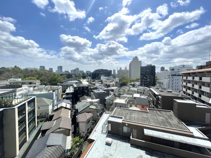 【住戸からの眺望】南側の眼下は低層の建物が多く、左側には「有栖川宮記念公園」のグリーンも広がり、都心ながら広い空も仰げる開放感のある爽快な眺望です。