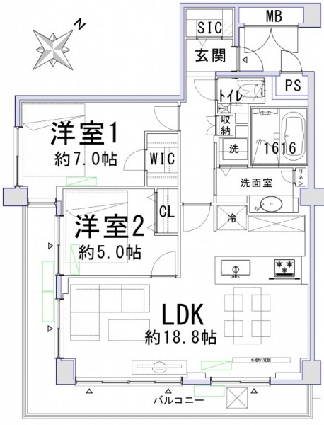 【間取り：2LDK】専有面積70.93㎡、バルコニー面積14.05㎡の2LDKの間取りです。約18.8帖の広々LDKに、約7.0帖と約5.0帖の洋室があり、ウォークインクローゼットまたはクローゼット、玄関にはシューズインクローゼットを備えており、収納も充実しています。1616サイズのゆったりとしたバスルームで、水回りゆとりがあります。