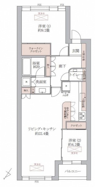 【間取り：2LDK】専有面積83.41㎡。約22.4帖のリビングダイニングキッチンに、ウォークインクローゼット付きの約9.2帖、クローゼット付きの約4.2帖の洋室があります。1620サイズの浴室、リビングや廊下にも収納があり、2面採光のゆとりのある間取りです。