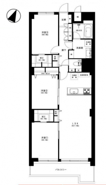 【間取り：3LDK】専有面積84.61㎡、バルコニー面積9.91㎡。約17.8帖のリビングダイニングキッチン。ウォークインクローゼット付きの約6.6帖・約6.2帖、クローゼット付きの約5.6帖の洋室があります。陽当たり良好な住戸です。