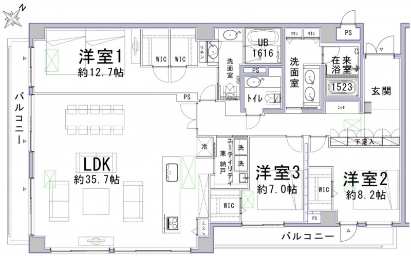 【間取り:3LDK】専有面積167.06㎡、バルコニー面積17.65㎡。約35.7帖のリビングダイニングキッチンに、約12.7帖・約8.2帖・約7.0帖の洋室があり、それぞれウォークインクローゼットが付いています。浴室×2、洗面室×2、トイレ×2、ユーティリティルームもあり、水回りもゆとりがあります。2面採光の開放感のある住戸です。セコムのセキュリティシステムが付いています。