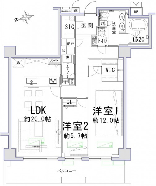 【間取り:2LDK】専有面積97.91㎡、約20.0帖のLDKに、約12.0帖と約5.7帖の洋室があります。洋室にはそれぞれにウォークインクローゼットまたはクローゼット、洗面室にはリネン庫、玄関にはシューズクローゼットを備えております。