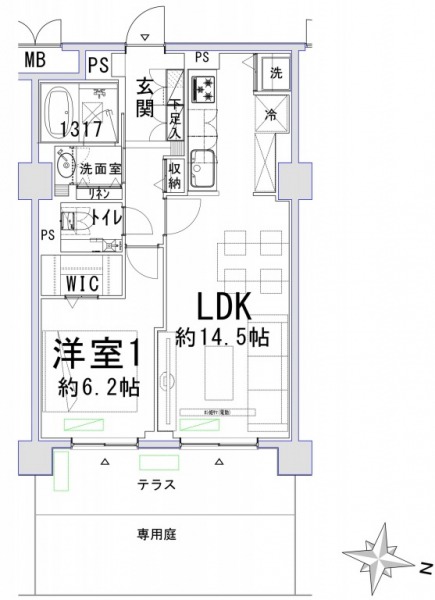 【間取り：1LDK】専有面積50.73㎡、テラス面積9.28㎡。約14.5帖のリビングダイニングキッチンに、ウォークインクローゼット付きの約6.2帖の洋室があります。テラスと専用庭の付いた1階の住戸です。
