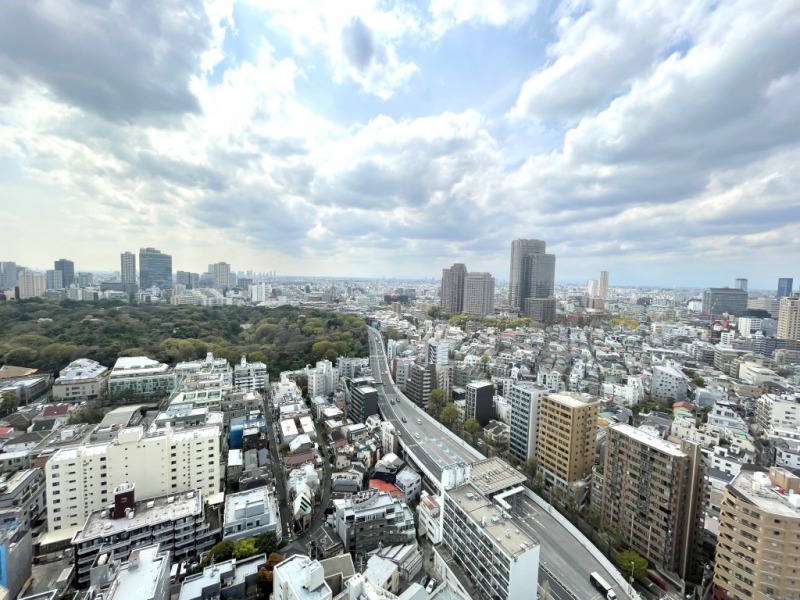 【住戸からの眺望】都心の「国立博物館付属自然教育園」の緑が広がり、その横にはウエスティンホテル、目黒方面のビル群も一望できます。